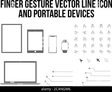 Le vecteur de doigt tactile et mobile, tablette, ordinateur portable, ordinateur de bureau gadget plat ensemble d'icônes Illustration de Vecteur