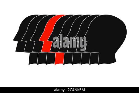 Tête humaine rouge parmi une série de noir , rendu 3D Banque D'Images