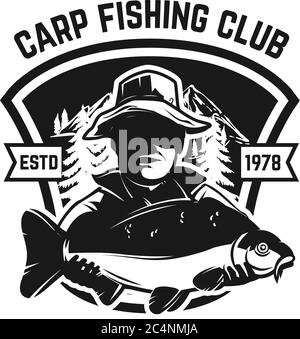 Camp de pêche. Modèle avec emblème et carpe. Élément de conception pour logo, étiquette, affiche, affiche. Illustration vectorielle Illustration de Vecteur