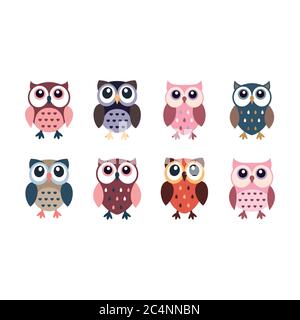 Icônes de dessin animé colorées de chouette chouette. Jeu de vecteurs de caractères Little owls ou owlet. Illustration de Vecteur