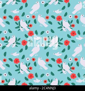 Motif de printemps oiseaux et fleurs sans couture Illustration de Vecteur