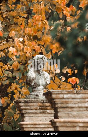 Mise au point verticale sélective d'une sculpture de buste antique dans un jardin capturé en automne Banque D'Images