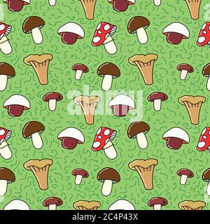 Motif vectoriel sans couture dessiné à la main avec champignons Illustration de Vecteur