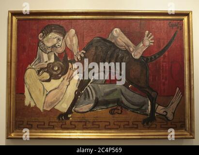 Almería, Andalousie, Espagne, Europe. Musée d'art Doña Pakyta (Museo de arte Doña). Musée d'art Doña Pakyta (Museo de arte Doña Pakyta). Etruscan et Loup (Etrusco y loba), réalisé par Capuleto (Francisco Capulino-Lanuza Pérez 1928-2009), 1953, huile sur toile. Banque D'Images