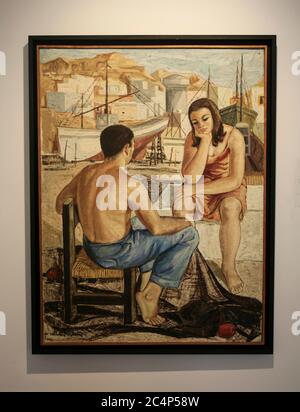 Almería, Andalousie, Espagne, Europe. Musée d'art Doña Pakyta (Museo de arte Doña). Musée d'art Doña Pakyta (Museo de arte Doña Pakyta). Pareja en el puerto (couple dans le port) réalisé par Carmen Pinteño, vers 1970, huile sur toile. Banque D'Images