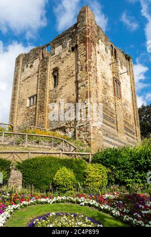 Parc et donjes du château de Guildford avec jardins fleuris colorés en été (juin), Surrey, Angleterre, Royaume-Uni Banque D'Images