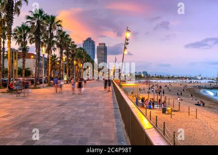 Promenade du Passeig Maritim au coucher du soleil, Barcelone, Catalogne, Espagne Banque D'Images