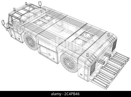 Transport par camion-dépanneur à l'aéroport. Ligne de cadre de fil isolée. Rendu vectoriel 3D. Illustration de Vecteur