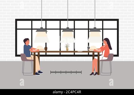 Nourriture et boissons et social distancing concept.couple homme et femme assis dans le café restaurant manger de la nourriture avec table bouclier pour protéger l'infection de c Illustration de Vecteur