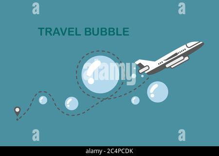 Concept de bulle de voyage ICON. Avion volant à la plage et la montagne.Nouvelle tendance du tourisme après crise de coronavirus.les gens aiment Voyage.vacances d'été et bu Illustration de Vecteur