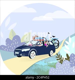 Voyage en famille en voiture avec vélo. Voyage en famille en voiture. Couple familial avec enfants en vacances. Illustration vectorielle. Voyage d'été actif en famille Illustration de Vecteur