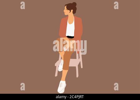 Portrait d'une femme élégante vêtue à la mode décontracté dans un style d'affaires assis sur le fond de couleur. Illustration vectorielle de style dessin animé plat Illustration de Vecteur