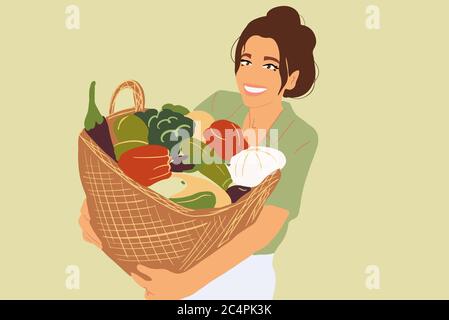 Portrait d'une belle jeune femme avec panier rempli de légumes fraîchement cueillis. Illustration vectorielle colorée en style de dessin animé plat Illustration de Vecteur