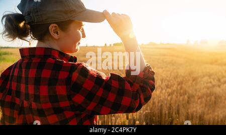 Une femme paysanne regarde le coucher du soleil sur le champ de blé Banque D'Images