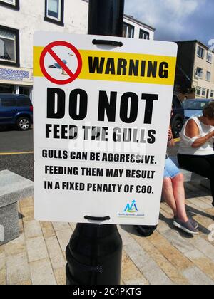 Un panneau d'avertissement, à l'extérieur d'un café dans la ville côtière de vacances de Largs; avertit les gens de ne pas nourrir les mouettes car ils sont très agressifs et peuvent être dangereux. ALAN WYLIE/ALAY © Banque D'Images