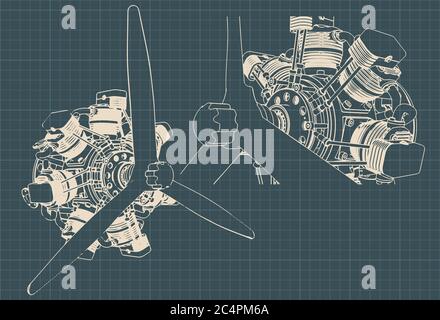 Illustration vectorielle stylisée des dessins d'un moteur radial 7 cylindres Illustration de Vecteur