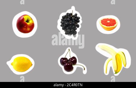 ensemble d'autocollants avec fruits - pomme, raisin, pamplemousse, citron, cerise, banane Banque D'Images