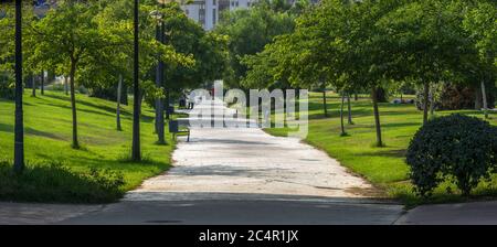 Jardins dans le vieux lit sec de la rivière Turia à Valence, promenade piétonne. Paysage de loisirs et de sport avec des arbres, Espagne Banque D'Images