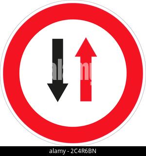 Les signaux réglementaires du vecteur laissent place à des véhicules venant en sens inverse isolés sur fond blanc. Panneau de signalisation routière. Panneaux de signalisation. Illustration de Vecteur