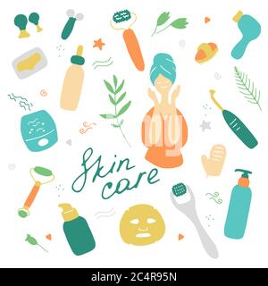Ensemble beauté. Signes de soins de la peau et de beauté, salon de spa et icônes d'autosoins. Illustration vectorielle plate Illustration de Vecteur