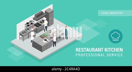 Chefs professionnels travaillant dans la cuisine du restaurant et serveur prenant des plats Illustration de Vecteur