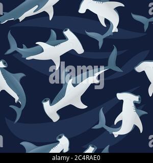 Motif sans couture de requin-taupe sous-marin animal géant dessin animé simple dessin de personnage dessin vectoriel plat sur fond bleu foncé Illustration de Vecteur