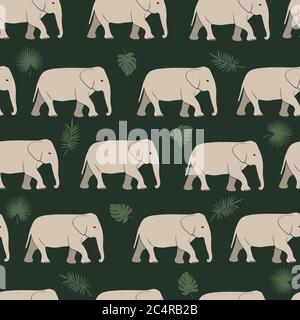 Motif éléphant sans couture avec feuilles tropicales sur fond vert foncé. Idéal pour l'impression ou le Web. Il peut s'agir d'un papier d'emballage, d'un papier peint, d'un textile, etc Illustration de Vecteur