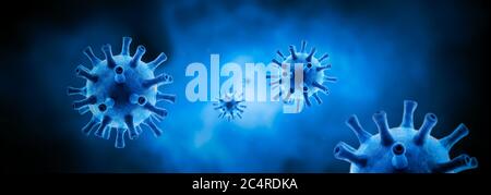 Bannière panoramique coronavirus avec virus dans un éclairage bleu, rendu 3d. Vue microscopique du virus corona du SRAS-COV-2 à l'intérieur de l'organisme, concept de COVI Banque D'Images