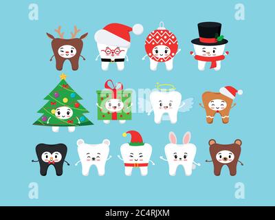 Chistmas mignon dents icône ensemble dans le costume de carnaval isolé Illustration de Vecteur