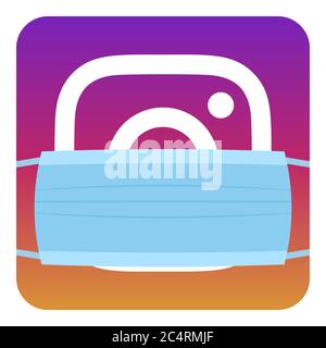 VORONEZH, RUSSIE - 14 AVRIL 2020 : icône carrée du logo Instagram en violet et jaune dans un masque médical jetable pour la protection contre le coronavirus Illustration de Vecteur
