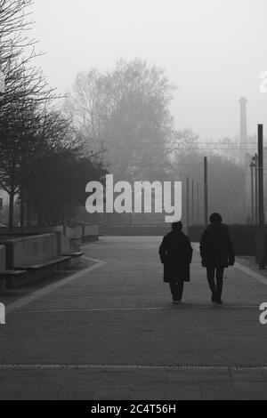 Photo en niveaux de gris d'un couple qui se promère dans la rue Banque D'Images