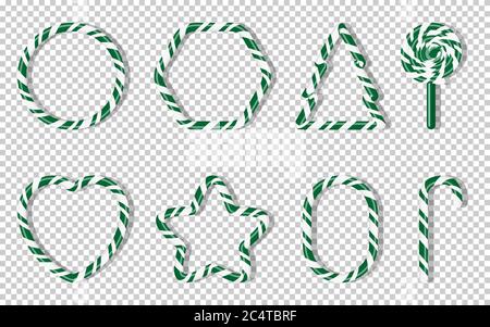 Friandises de Noël avec motif en spirale de forme différente. Green Treat vacances hiver. Dessin animé sucre doux canne à sucre noël, sapin, étoile, coeur, sucettes. Illustration vectorielle transparente en arrière-plan Illustration de Vecteur