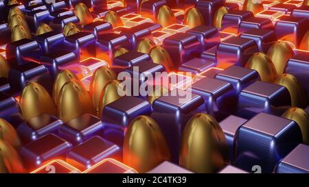 Rendu 3D de cubical et ovale violet et doré illuminé mosaïques formant un arrière-plan en mosaïque Banque D'Images