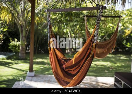 Gros plan de hamacs jaune-orange dans une cour tropicale Banque D'Images