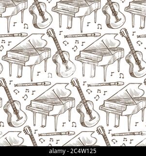 Instruments de musique de guitare acoustique, flûte et piano, motif sans couture Illustration de Vecteur