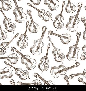 Guitare acoustique et violon, instruments de musique à cordes à motif sans couture Illustration de Vecteur