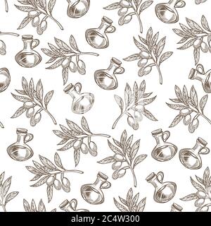 Huile d'olive versée dans un récipient, branches de plante sans couture Illustration de Vecteur