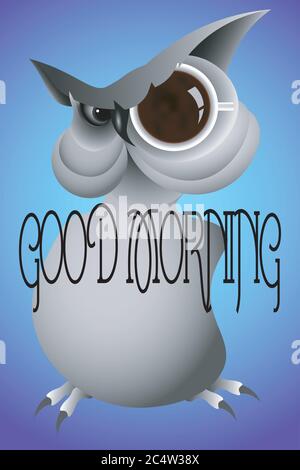 illustration graphique d'un hibou avec une tasse de café et l'inscription bonjour Illustration de Vecteur