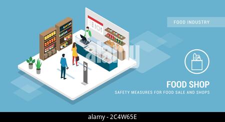 Mesures de sécurité dans l'atelier alimentaire pendant l'épidémie de coronavirus, concept de sécurité alimentaire et de vente au détail Illustration de Vecteur