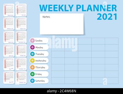 Calendrier de 2021 ans et calendrier hebdomadaire vierge sur fond bleu clair. Illustration de Vecteur