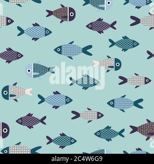 Vector aqua Abstract Fish fond de motif sans couture. Idéal pour les projets de papier peint, de tissu, d'emballage et de scrapbooking. Banque D'Images