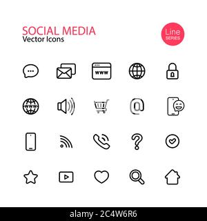 Icône de ligne de réseau social définie. Page de profil, notation, liens sociaux, panier, accueil, loupe, message, vérifier, verrouiller. Vecteur sur blanc isolé Illustration de Vecteur