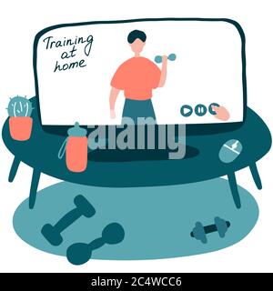 Site Web des entraîneurs sportifs. Espace de travail avec haltères et ordinateur avec application de formation ouverte. Sportif faisant de l'exercice avec haltères dans la salle de gym. Dessin animé plat Illustration de Vecteur