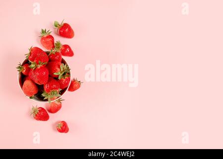 Vue de dessus de fond avec bio et savoureux baies de fraise cadre sur fond rose Banque D'Images