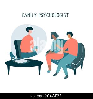 Psychologue familial. Conseils en ligne pour le couple. Patients en consultation psychologique. Illustration vectorielle plate Illustration de Vecteur