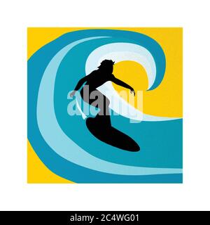 Surfe à dessin main Silhouette noire surfe sur un vague Océan blanc et bleu abstrait sur fond jaune Illustration de Vecteur