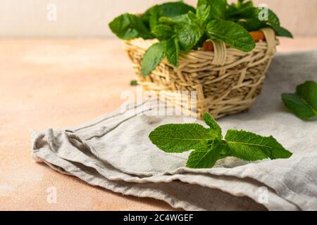 des branches de menthe verte fraîche dans un panier en osier sur fond clair Banque D'Images