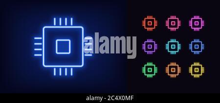 Icône CPU néon. Panneau de puce au néon lumineux, ensemble de processeurs informatiques isolés dans différentes couleurs vives. Icône, signe, symbole lumineux pour la conception de l'interface utilisateur. Ce Illustration de Vecteur