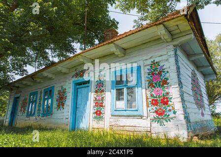 Zalipie, Pologne, juin 2020: Maison de campagne peinte à la main décorée de fleurs, située dans un village coloré. Culture et art folklorique polonais Banque D'Images