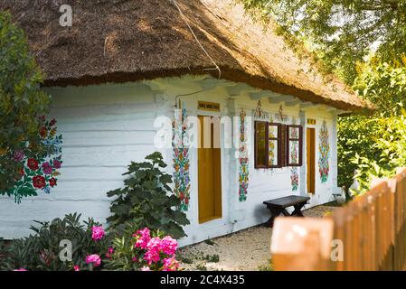 Zalipie, Pologne, juin 2020: Maison de campagne peinte à la main décorée de fleurs, située dans un village polonais coloré. L’art populaire Banque D'Images